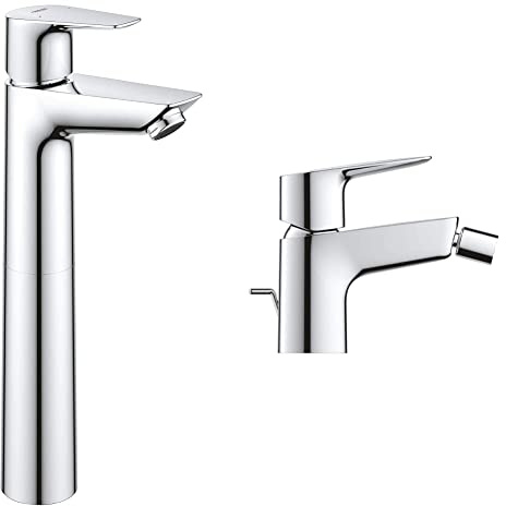 Grohe Start Edge Miscelatore Monocomando per Lavabo a Bacinella Taglia XL, Cromo & Start Edge Miscelatore Monocomando per Bidet, Cromo, Scarico a saltarello 1 1/4