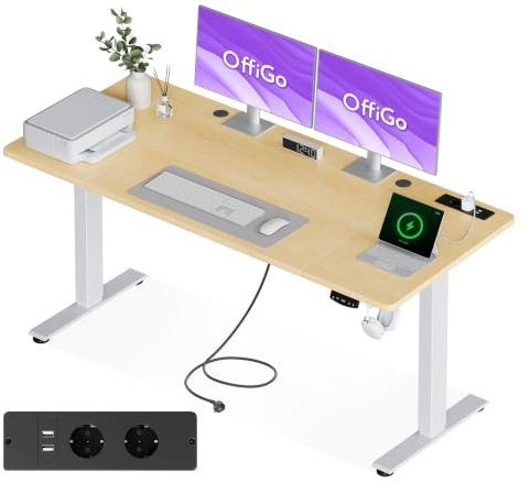 OffiGo Höjdjusterbart Skrivbord med Uttag, 180cm, Beige | Elektriskt höjdjusterbart skrivbord, med Eluttag, USB, 2 Minnesfunktioner för Hemmet