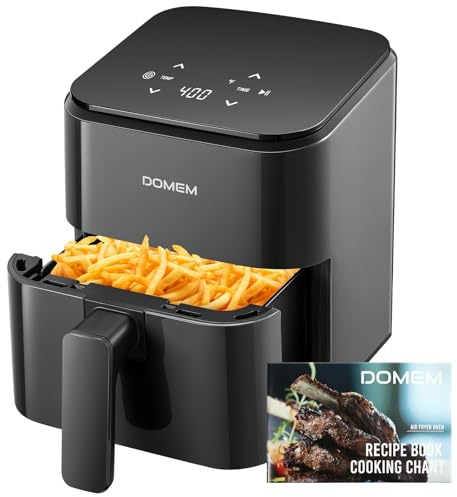 DOMEM 3 Qt kompakt luftfritös med non-stick korg och ställ, användarvänlig enkel pekskärm, laga mat i enkla steg, liten luftfritös, platsbesparande spis