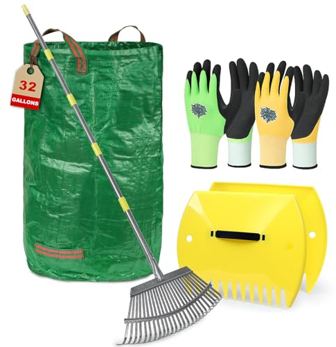 MOZZPAD Adjustable Garden Rake for Leaves 36 to 73 Inch 25 Tines with Leaf Scoops, 32 Gallon Self Standing Yard Waste Bag Hoop, 2 Pairs Latex Coated Gloves