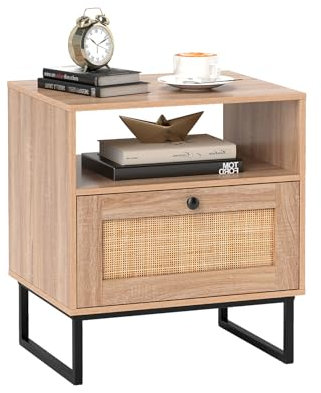 RELAX4LIFE Nachttisch, Nachtschrank mit Rattan-Schublade & offenem Fach, Beistelltisch mit 13cm erhöhten Metallbeinen, Platzsparender Nachtkästchen aus Holz für Schlafzimmer, 48 × 39 × 54,5cm, Natur