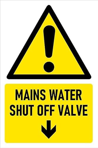 Mains water shut off valve, arrow pointing down, safety sign - Self adhesive sticker (200mm x 150mm)