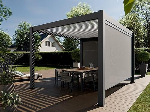 Freistehende bioklimatische Pergola aus Aluminium, 12 m² – 3 x 4 m, Zwei Jalousien im Lieferumfang enthalten – Anthrazit – 25 um 120° neigbare Aluminiumlamellen – Laube
