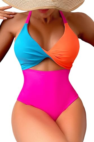 Leoparts Women's One Piece Color Block Swimsuit Halter Neck Cutout High Cut Bathing Suit Crisscross Tie Back Swimwear