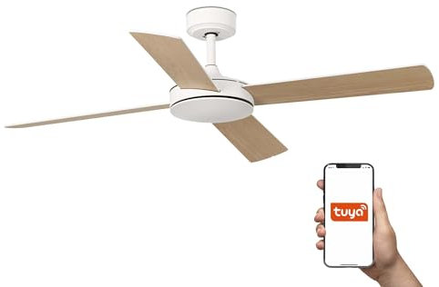 Faro Mallorca Ventilador de techo grande de 4 aspas, blanco mate, sistema inteligente Tuya en arce