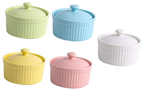 SOLUSTRE Bols à Dessert Céramique avec Couvercles Bols de Cuisson pour Pudding Ramequins Multicolores pour Service et Conservation des Aliments