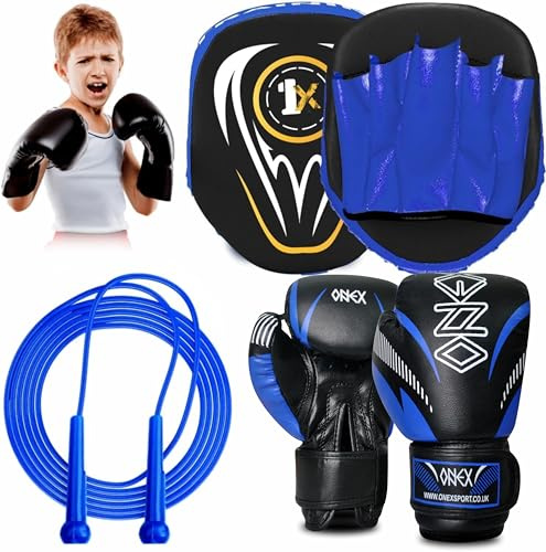 Boxing Set Focus Pads and Gloves Mitts Punch Bag MMA Training Hook & Jab, Kids Unisex Sparring Gloves punching Pads Martial Arts Karate Fitness Exercise Sets. (BLUE 2)