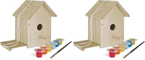 Eichhorn 100004581 Outdoor Vogelhaus aus Holz, zum Zusammenbauen und Bemalen, Inkl. Pinsel und Farben, 14x14x24cm Lindenholz, DIY (Packung mit 2)