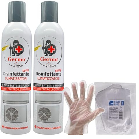 SET: Spray Disinfettante Per CLIMATIZZATORI, Agisce Direttamente Sui Microrganismi Responsabili Della Formazione Di Odori Sgradevoli 400ml + 100pz Guanti HDPE Monouso (2 Spray + 1 Guanti)