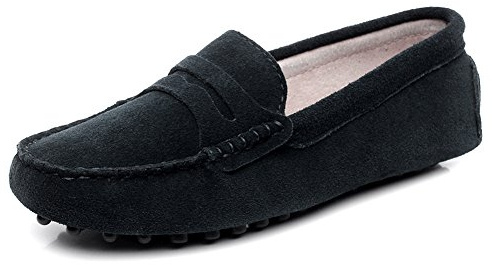 Jamron Dam Klassisk Mockaskinn Penny Loafers Bekväm Handgjord Toffel Mockaskinnsiner Svart 24208 EU37