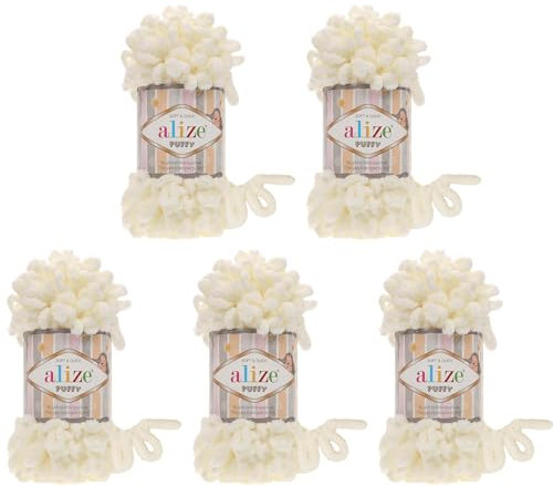 5 x 100 Gramm Strickwolle Alize Puffy, 500 Gramm Fingerstrick - Wolle super bulky, Schlaufenwolle, Stricken ohne Nadel (creme 62)