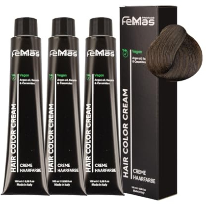 FemMas Haarfarbe 3x Kühles Hellbraun 5.01 I Creme Haarfarbe mit Arganöl, Keratin & Ceramiden I Als dauerhafte Haarfärbung oder Tönung für strahlende, haltbare Farbergebnisse I 100 ml