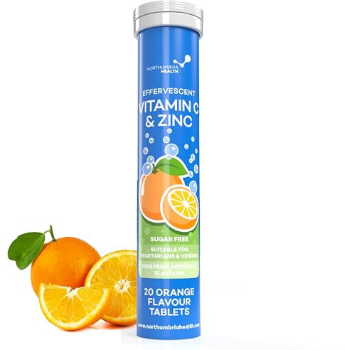 Effervescent Vitamin C 1000mg with Zinc 15mg, 20 Orange Flavoured Tablets, High Strength, Immune Support, Essential for Collagen Formation, Vegan, Made by Northumbria Health