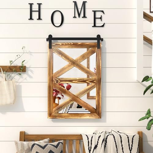 COGOOD Espejo de puerta de granero de granja – 30 x 21 pulgadas, espejo de ventana de madera rústica para decoración de pared para comedor, entrada, sala de estar, dormitorio, marrón