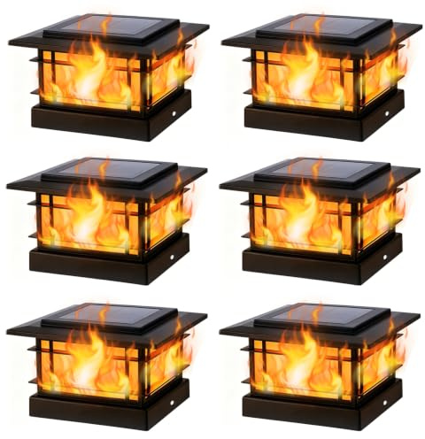 Dynaming 6 Pack Solar Flame Post Lights Outdoor, Solar Powered Fence Post Cap Lights, High Brightness Flickering Flame SMD LED Lighting Decor for Garden Deck Patio, 4x4, 5x5 or 6x6 Vinyl/Wooden Posts
