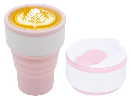 EYQ Collapsible Coffee Cup 375 ml, Silicone Foldable 12oz Coffee Mug, Reusable Tea Cup for Hot Cold Drinks for Office Fitness Gym Outdoor Sports Travel Camping Yoga, Pocket Size (WhitePink)