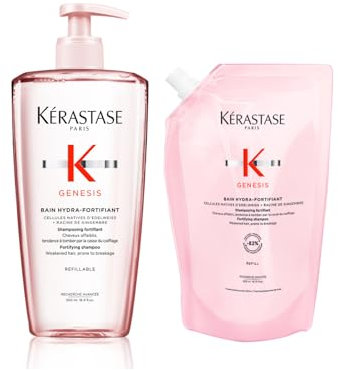 Kérastase Genesis Bain Hydra-Fortifiant Nachfüllset, Kräftigendes Shampoo bei Haarverlust durch Haarbruch, Enthält: Genesis Bain Hydra-Fortifiant 500 ml im Pumpspender sowie 500-ml-Nachfüllpackung