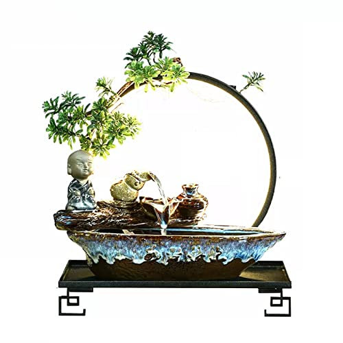 Tabletop Fountain Indoor Relaxation Desktop Fountain Waterfall Ceramic Tabletop Water Fountain with Black Metal Base and LED Light Indoor Zen Desktop Relaxing Water Feature Interior Spa Yoga Decoratio