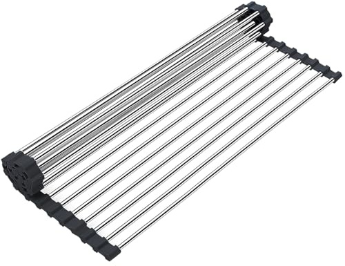 Searik Escurreplatos enrollable, escurridor de platos rodante, multiusos, plegable, de acero inoxidable, para fregadero de cocina (17 x 15.7 pulgadas)