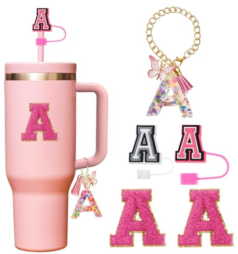 5 Pcs Reusable Straw Cover for Stanley Cup Accessories,Include 2 Pcs Dustproof Straw Covers, 1 Pcs Dustproof Straw Covers with Letter Charms and 2 Pcs Personalized Name Stickers(A)