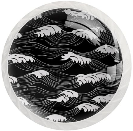 JAVENPROEQT Set di 12 pomelli rotondi in cristallo nero e bianco con onde oceaniche, per cassettiera, armadio, armadio, con viti, decorazione per la casa e l'ufficio della scuola materna