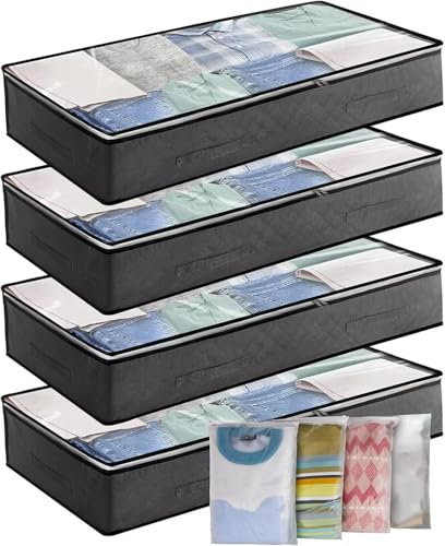Novelistier Underbed Storage Box 4Pack 90L Large Under Bed Storage Bag with 4 x Large Zip lock Bags - Under bed Storage Box with PVC Window for Clothes, Duvets, Comforters, Blankets, Bedding, Quilts