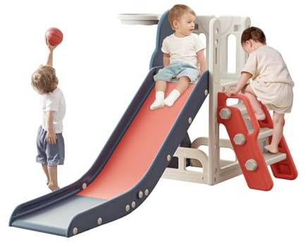 Baotree Toddler Slide,Kids Climber Slide with Storage Space and Non-Slip Steps,Indoor Outdoor Playset with Basketball Hoopa and Telescope,Slide for Toddlers Age 1-3 (Red)