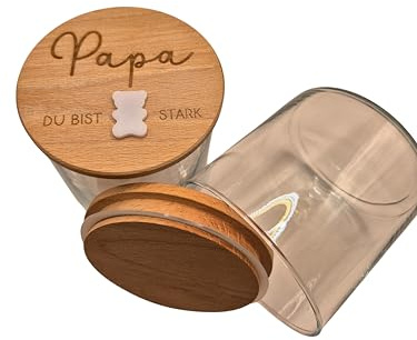 Generisch Personalisiertes Vorratsglas mit Holzdeckel, Papa Du Bist Stark Gravur, 530ml, mit 3D Acrylbär, Geschenk für Vatertag oder zum Geburtstag