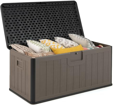 COSTWAY Baule da Esterno 378 L, Cassapanca Contenitore Impermeabile in Resina con Pistoni a Gas, Coperchio Bloccabile, Salvaspazio per Giardino, Cortile e Piscina, 130 x 64 x 59 cm (Marrone+Nero)