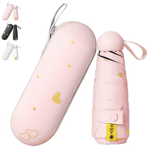 Sumneo Mini Regenschirm mit Herz-Kapselbox – Kompakt faltbar, UV-Schutz & windfest, Leichtgewicht (inkl. Tragetasche) (Rosa)