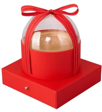 Emartbuy Förpackning med 12 lyxiga runda kupolpresentaskar med akryllock och band – röd styv kartong presentationslådor för smycken, choklad och presenter – 14,5 x 14,5 x 16 cm perfekt som present