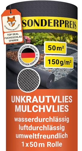 SCHNÄPPCHENFUCHS 150g/m² Unkrautvlies 50m² 1x50m Rolle - wasserdurchlässig & extra reißfest 50 x 1m breit Gartenvlies auf Rolle - UV-stabile Wurzelsperre Mulchvlies Garten Vlies Folie gegen Unkraut