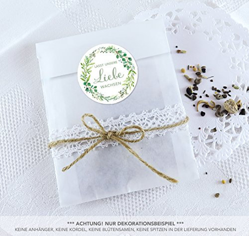 Blütensamen Tüten Set 24 Sticker LASST UNSERE LIEBE WACHSEN GRÜN ZWEIGE 4cm matt rund + 24 Flachbeutel weiß 130 x 95 + 16 mm Hochzeit Taufe Blüten Samen Gastgeschenke Deko Feier Geburtstag
