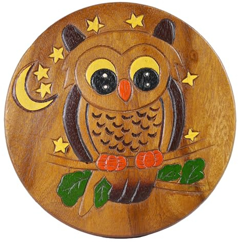 ART-CRAFT Vielseitiger Kinderhocker Holzhocker rund aus Massivholz Tiermotiv Eule blau mit vielen Einsatz Möglichkeiten
