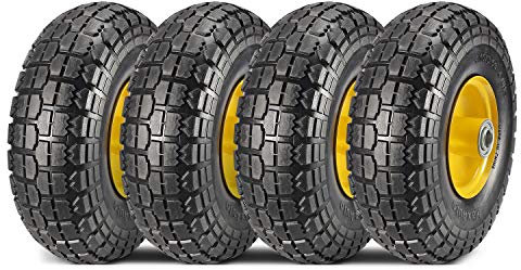 MaxAuto 10 Zoll Vollgummireifen 4.10 3.50-4 Flat Free Tire 4.10/3.50-4 Reifen und Rad, 2,25 Zoll Offset-Nabe, 5/8 Zoll Lager, für Sackkarre, Wagen, Gartenwagen, Rasenmäher, Gartenwagen, Schubkarre