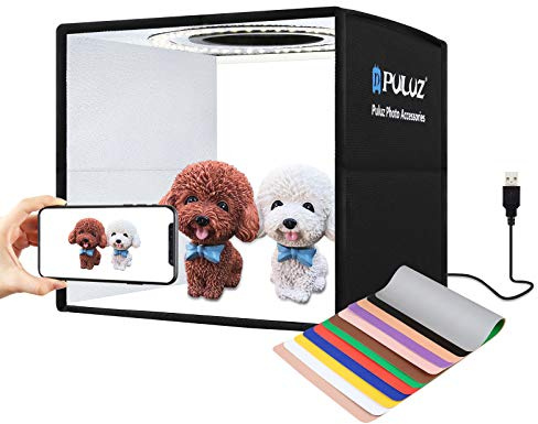 PULUZ - Mini scatola luminosa portatile per studio fotografico, 25 cm, luminosità regolabile, con luci a LED e sfondo rimovibile in 12 colori