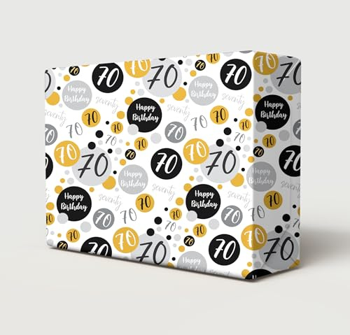 Geschenkpapier zum 70. Geburtstag, Schwarz, Gold, Silber, 2 Bögen + 2 Geschenkanhänger, Geschenkpapier für Männer und Frauen (PA)