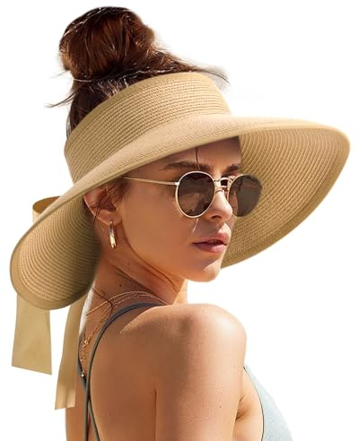 Camptrace Women's Straw Sun Visor Hat UPF Wide Shade Ponytail Summer Hat