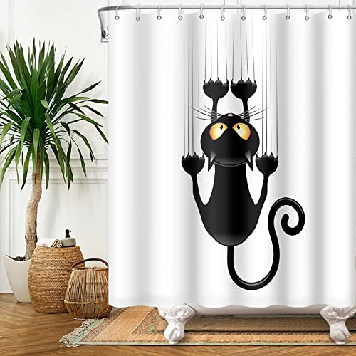 SDOTPMT 122x183cm Negro Gato con Agudo Patas Cortina de la Ducha Lindo Gracioso Gato Gatito Cortina de baño Blanco Fondo Cortina de bañera Tela Poliéster para Baño con Ganchos