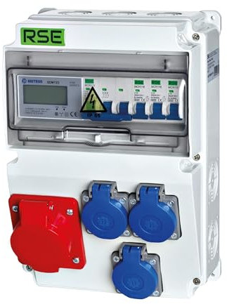 Distributore di corrente da parete, completamente cablato, 32 A, 16 A, 230 V, con contatore CEE IP65, 5. 1 x 16a 3 x 230 V, con contatore LS+