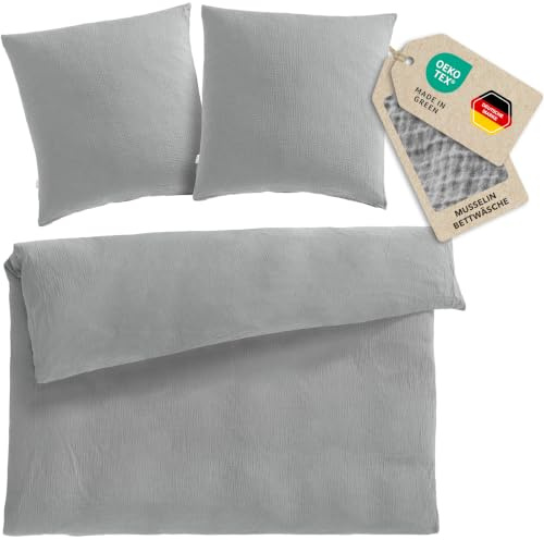 Pure Label Musselin Bettwäsche 200x200+2x80x80 cm - Grau | Traumhaft weiche, kuschelige Bettwäsche-Sets aus Musselin - 40° Waschbar
