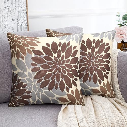 HomeStilez Lot de 2 Housses de Coussin 40 x 40 cm Marron et Gris Dahlia Décoratifs Moderne Abstrait Taie d'oreiller Géométrique Carrée Douce pour Canapé Banc Jardin Extérieur
