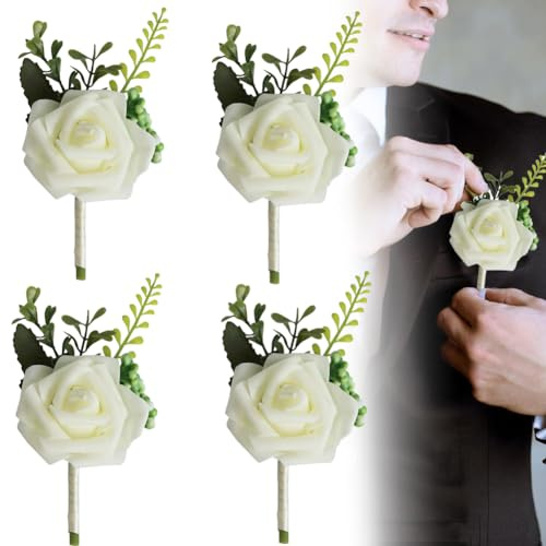 KITERI Rose Wedding Boutonniere, 4 Pcs White Boutonniere Handmade Corsage Buttonhole Flowers Artificial Wedding Flower Buttonhole Corsage with Pin Clip for Groom Men Bridal Women Suit Dress,White