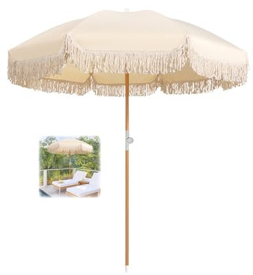 Boho-Strandschirm mit Fransen, 180 cm, Beige, Terrassenschirm, Outdoor, LSF 50+, Markttischschirm mit Neigung, Urlaub, Quaste, Regenschirm, wasserdicht, tragbar, mit Tragetasche für Garten, Rasen,