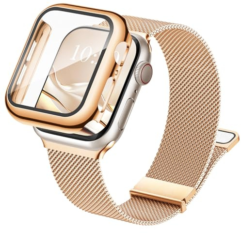 Raradev 3-in-1 Compatible with Apple Watch Metal Straps 41mm with Case & Screen Protector, Dual Magnetic Band and Protective Cover with 9H Tempered Glass for iWatch Series 9/8/7, Rosegold