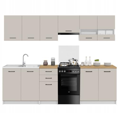 Laclar Küchenmöbel-Set Kaschmir mit Arbeitsplatten Steineiche – 250 cm Komplettset - einfache Selbstmontage -Flexible Konfiguration - ideal für Moderne Küchen mit viel Stauraum