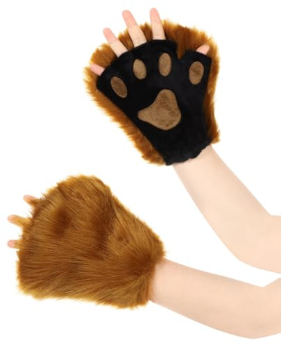 ITODA lurviga katttasshandskar djurhandskar tecknad björn räv tass klo handskar vinter varma handskar halvfingerhandskar hårig handvärmare fest cosplay kostym handskar för vuxna, Brun, M
