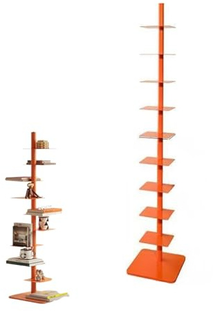Invisible Floating Bookshelf for Wall Mounted, 9Tier Vertical Spine Book Tower,Floor Standing Bookcase Corner Shelf for Small Space, Office, DIY Open Bookcase for Decor (Orange,15.8D x 15.8W x69H)