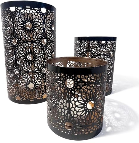 Set of 3 Moroccan-Style Round Tea Light Holders, Arabic Design, Black & Gold Metal Finish, Perfect for Home Décor