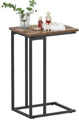 HOME BI C Shaped Side Table, Narrow Sofa End Table, Snack Side Table for Living Room Bedroom Balcony,Rustic Brown Wood Top and Black Metal Frame